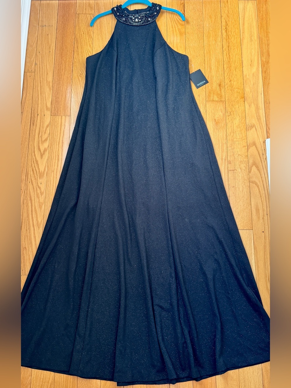 MARINA Black Sparkling Beaded Halter A-Line Dress